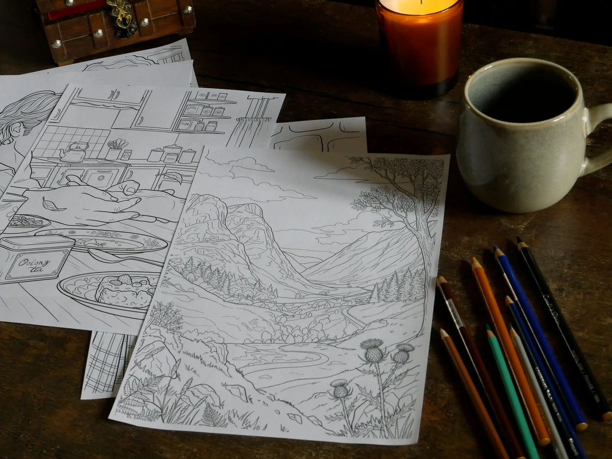 Duo papier + numérique | Livres de coloriage romantique pour adultes-Écosse du XVIIIe siècle (Précommande) Le Grimoire de Geillis